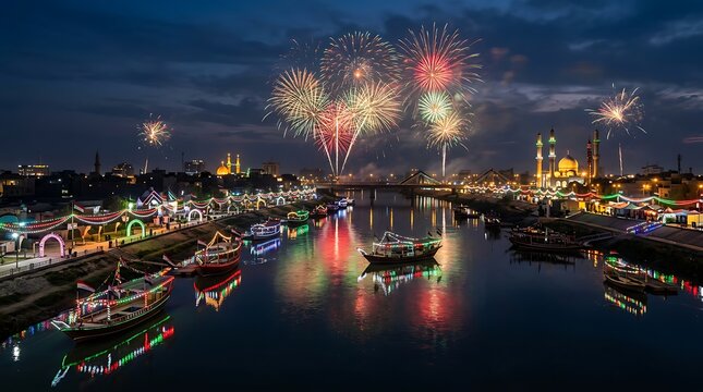 Spectacular Fireworks Display Over Baghdad City River with Illuminated Boats and Mosque at Night