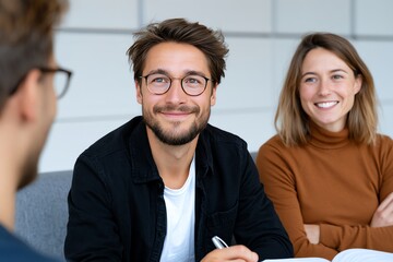 Colleagues engaged in a positive meeting, smiling as they discuss new strategies and ideas in a modern office setting, fostering teamwork and collaboration. © Tondone