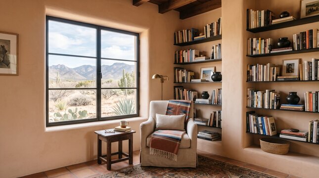 Reading Nook with Desert Mountain View and Built-in Bookshelves