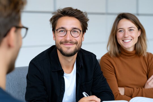 Colleagues engaged in a positive meeting, smiling as they discuss new strategies and ideas in a modern office setting, fostering teamwork and collaboration.