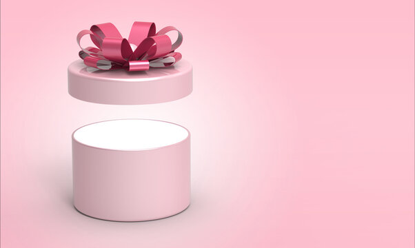 Open pink round gift box with metallic ribbon bow on pastel background 3d render