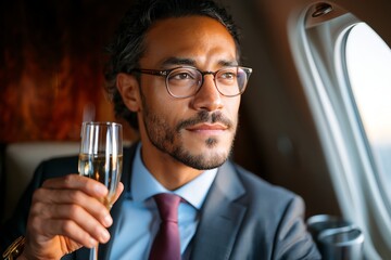 A contemplative businessman enjoying a glass of champagne on a flight, embodying luxury travel and success. The serene atmosphere and window view highlight relaxation and elegance. © Tondone