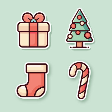 Cute Christmas icon set with minimalist winter holiday elements including candy cane, gift box, xmas tree and stocking on green background.