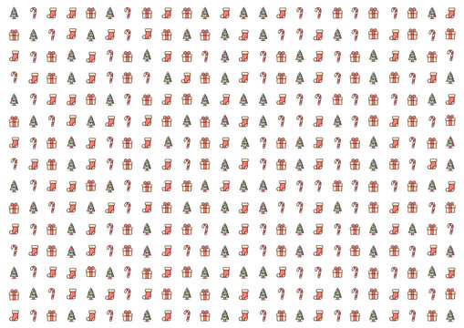 Cute Christmas icon set with candy cane, gift box, xmas tree and stocking on white background.