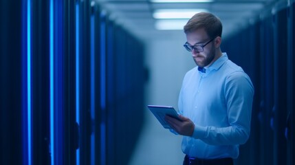 Fototapeta premium AI driven operations, A man wearing glasses stands in a server room, focused on a tablet, surrounded by racks of blue-lit servers.