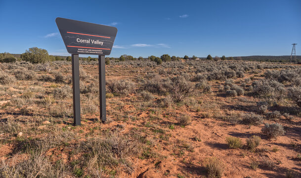 Sign marking Corral Valley on Paria Plateau in Vermilion Cliffs National Monument in Marble Canyon, Arizona