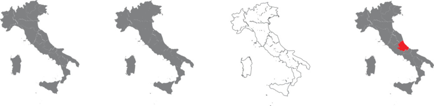 Set of italy maps showing abruzzo region in red on a white background