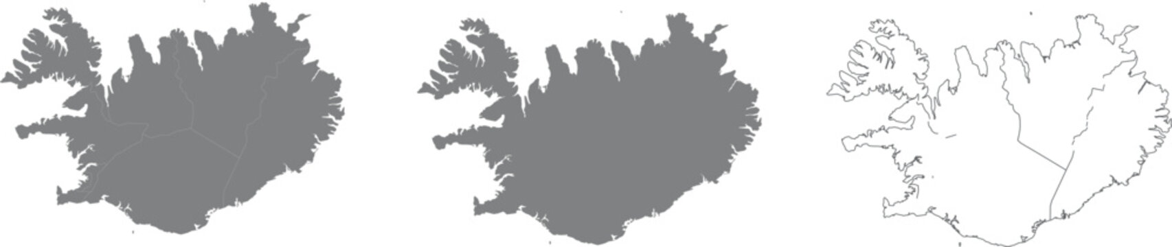 Set of iceland map silhouettes and outline isolated on white background
