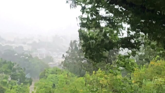 Heavy rain streaming down window during typhoon with strong wind bending tree branches outside. Extreme weather, tropical storm, heavy rainfall and severe climate conditions concept.