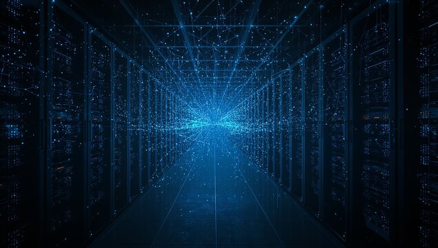 Server room with glowing blue plexus network a futuristic data center infrastructure racks lines interconnected