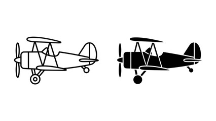 Biplane Icon Set: A graphic representation of a biplane in both outline and silhouette form, showcasing classic aviation design. © afra
