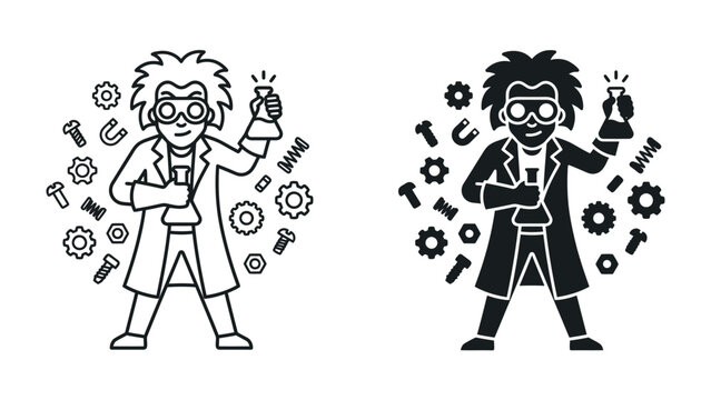 Mad Scientist Duo: A mad scientist illustration, both outlined and solid silhouette, holds a flask surrounded by gears, springs, and scientific symbols, embodying chaotic innovation and experiment.