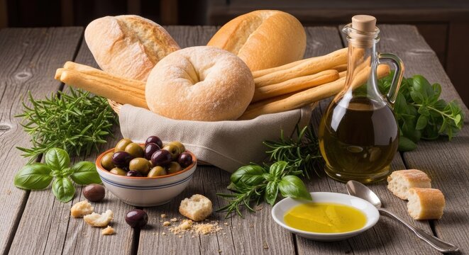 Assorted bread basket with olive oil and mixed olives.