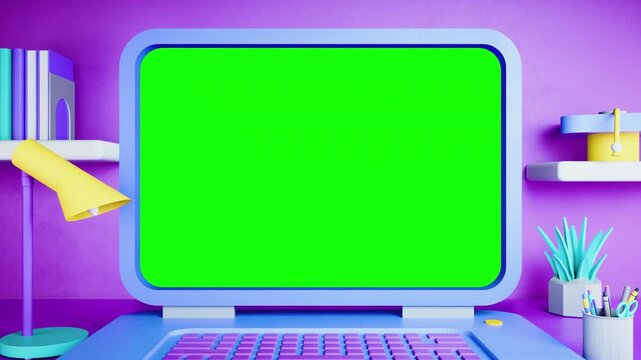Laptop mockup features a large green screen positioned on a desk in a colorful room filled with creative stationery items.
