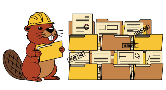 A cartoon beaver in a hard hat organizing a large stack of business documents and folders.