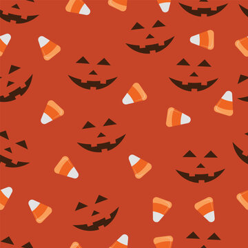 Halloween seamless pattern with candy corn and jack o lantern pumpkins. Sweet and spooky autumn holiday vector background.