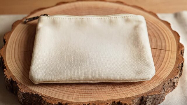 A person placing a small white blank zipper pouch on a rustic wooden slice table.