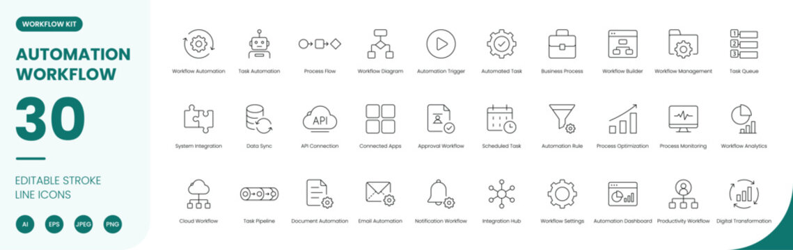 automation workflow icon line style business process editable stroke vector set