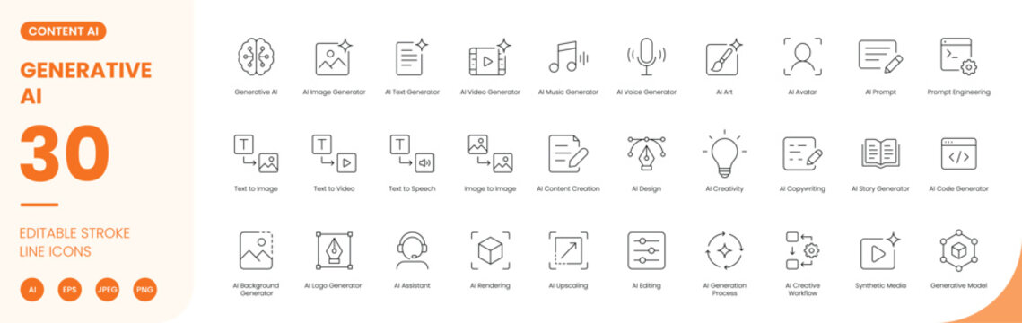 generative ai content creation icon line style editable stroke vector set