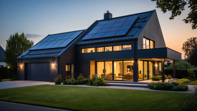 Modern luxury house with solar panels at twilight real estate architecture residential twilight