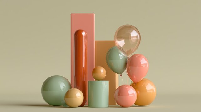 Minimalist 3D pillars and floating spheres in muted tones.