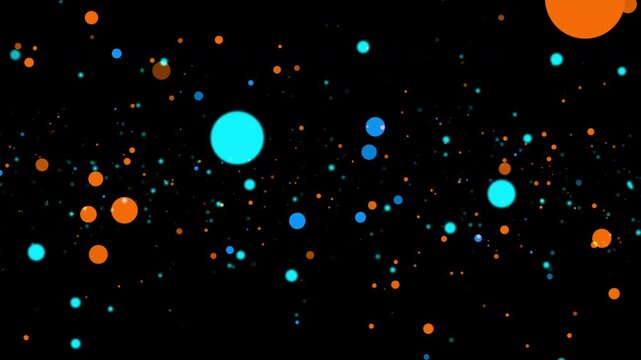 Abstract loop animation orange blue bokeh particles flow up on black background. 4K 3D orange blue bokeh particles dust fly in the air. 