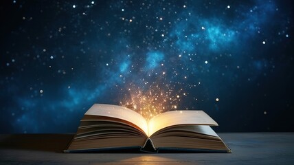 Open book with glowing magical light against a starry night sky background © Nasima Begum