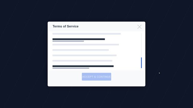 Terms of Service pop-up window displayed on a computer screen interface