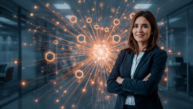 Businesswoman Standing Before Abstract Network Plexus Projection Corporate Office Setting female professional workplace geometric hexagonal