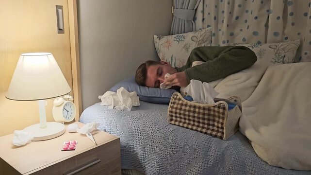 Sick man lying in bed at night blowing nose with tissue during cold or flu. Young adult resting at home with fever, runny nose, nasal congestion, tissues, thermometer, medicine and alarm clock on beds