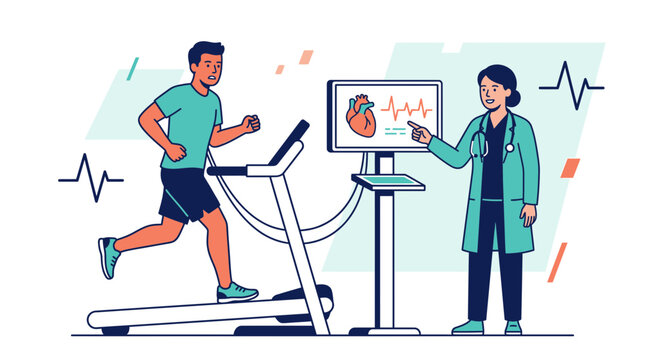 Doctor monitors patient's heart during treadmill stress test, medical check-up, cardiology exam, and exercise test