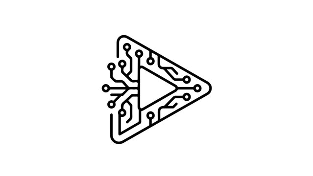 Minimalist geometric play button icon with circuit board pattern overlay for modern technology branding.