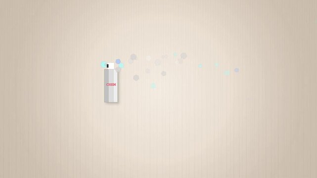 Animated spray can dispensing chemical mist on a light background