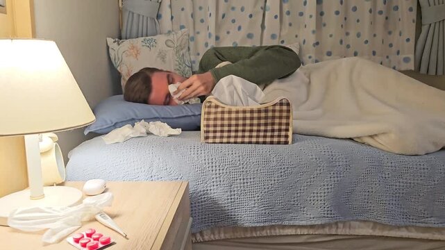 Sick man lying in bed blowing his nose with tissue, surrounded by medicine, thermometer and tissues. Home illness footage showing cold and flu symptoms during recovery in bedroom