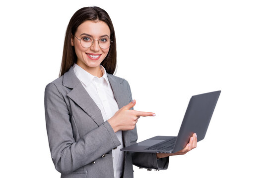 Photo of attractive business lady confident manager worker hold modern technology notebook direct finger screen good quality wear specs shirt plaid blazer isolated grey color background