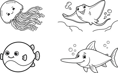 Fototapeta premium Cute Jellyfish, Stingray, Pufferfish, and Swordfish Coloring Page Collection Black and White Ocean Animal Line Art for Kids