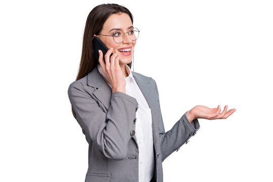 Photo of attractive business lady confident manager worker hold telephone hands talk company partner good jokes wear specs shirt plaid blazer isolated grey color background