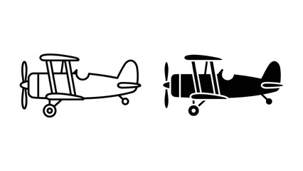 Vintage Biplane Icons: Two charming biplane illustrations, one in outline and the other in solid black, ready to take flight. © Fara