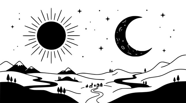 Sun and Moon Landscape with River and Mountains