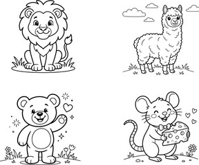 Obraz premium Cute Lion Alpaca Teddy Bear and Mouse Coloring Page Collection Black and White Animal Line Art for Kids