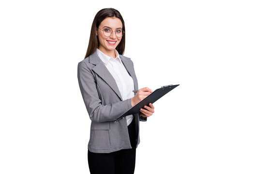 Photo of attractive business lady confident manager worker hold clipboard noting clients wishes real estate agent wear specs shirt plaid blazer isolated grey color background