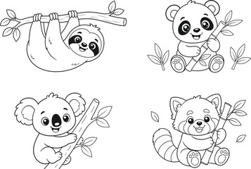 Fototapeta premium Cute Sloth Panda Koala and Red Panda Coloring Page Set Black and White Forest Animal Line Art for Kids Coloring Book