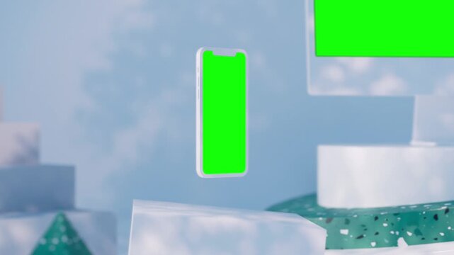 Smartphone mockup floats above a geometric platform featuring a vibrant green screen for digital content integration.
