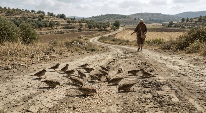 Birds eating seeds on a dirt path with a sower in the background. Man in historical clothing scattering seeds in a rural landscape. Biblical parable of the sower concept
