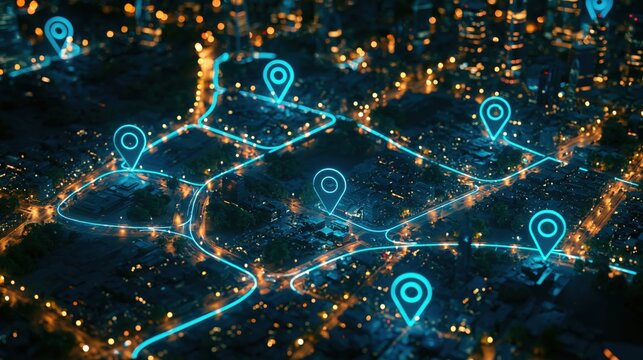 Abstract aerial visualization of a smart city with glowing GPS location markers and connected navigation routes. Concept of digital mapping, logistics, mobility, geolocation and smart transportation