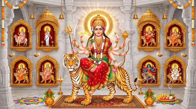 Goddess Durga Riding Tiger with Navadurga Forms in Marble Temple for Navratri Festival Celebration