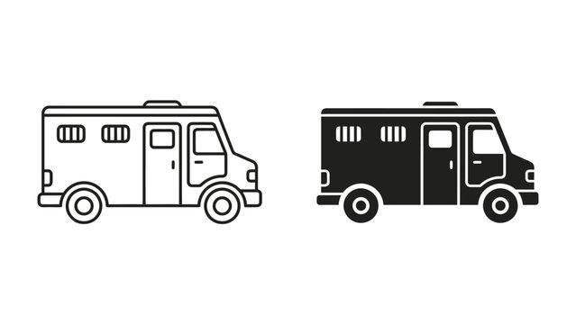Prisoner Transport Van Icons: Two stylized icons of a prisoner transport van, one outlined in black and white and the other in solid black, represent the concept of secure transportation for inmates.