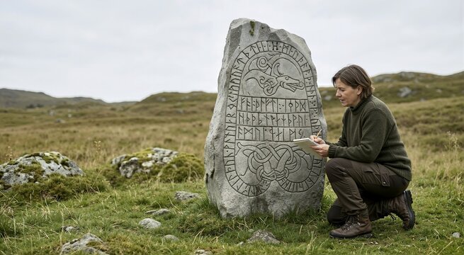 Woman studying an ancient Viking rune stone in a grassy field. Female researcher kneeling and sketching historical carved symbols in a notebook. Archaeology and nordic heritage concept