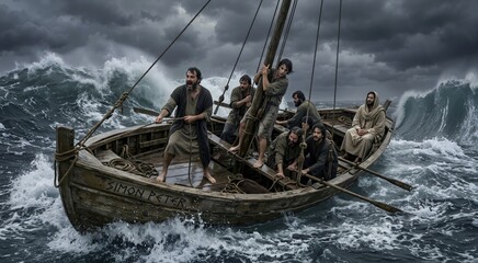 Disciples struggling in a wooden fishing boat during a massive storm at sea. Jesus sitting calmly in the stern amidst giant waves