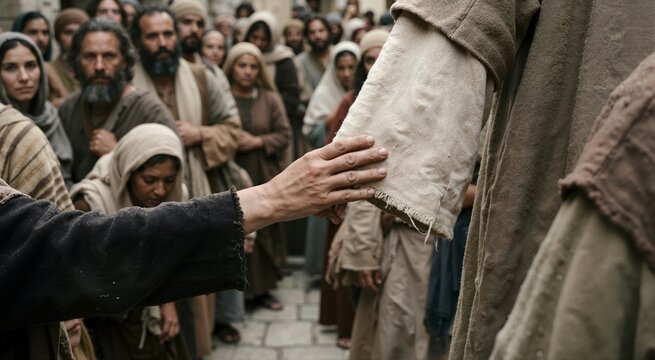 Close up of hand touching hem of seamless garment in crowd. Biblical New Testament healing miracle concept. Ancient historical religious scene
